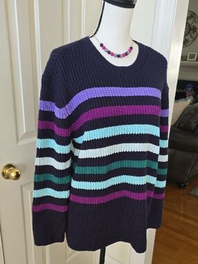 ST. JOHNS BAY BRAND WOMENS PETITE BLUE & PURPLE STRIPES PULLOVER SWEATER SIZE LP